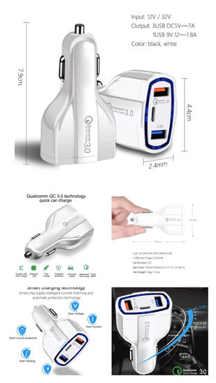 Imagine Adaptor Auto FAST  3usb X 12v/3.5A-ALB/NEGRU-7A