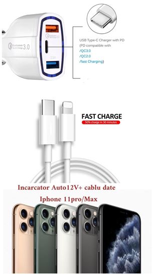 Imagine Cablu Date Usb C to Ligthning  FOXCONN  pentru iphone 11pro/max +Car Fast Charger 12vBulk
