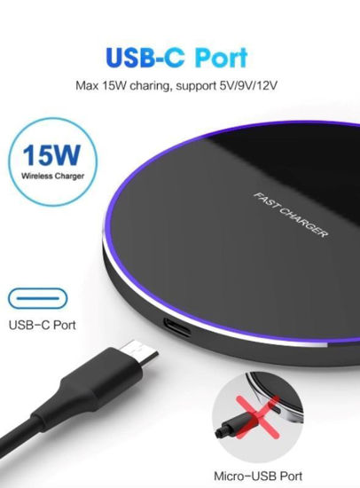 Imagine Set  Incarcator Wireless Fast Charging Pad QI 15W + 18w 3.0 Adaptor  fast  charger pentru iPhone, Samsung Galaxy, Round Black