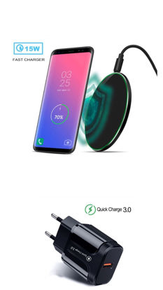 Imagine Set  Incarcator Wireless Fast Charging Pad QI 15W + 18w 3.0 Adaptor  fast  charger pentru iPhone, Samsung Galaxy, Round Black