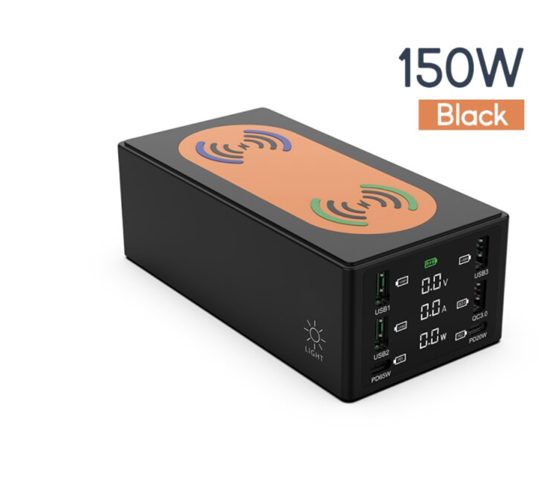 Imagine 150W, 8 in 1 incarcator USB PD cu 6 porturi si incarcator dublu wireless de 15 W ,Afisaj LED Statie de incarcare ,Negru