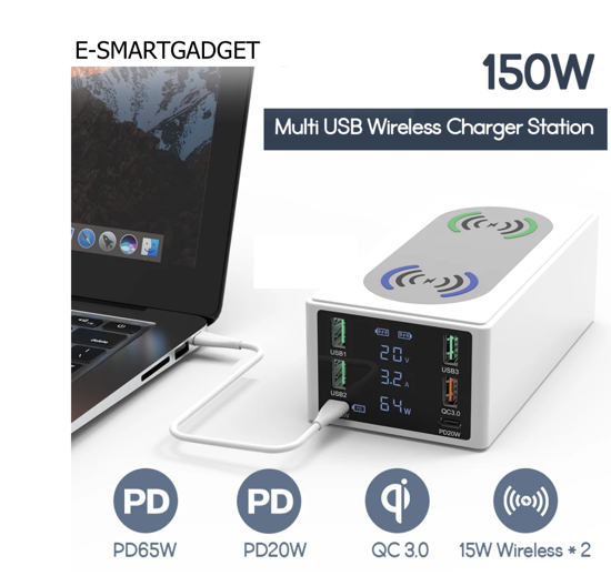 Imagine 150W, 8 In 1 Incarcator USB PD Cu 6 Porturi Si Incarcator Dublu Wireless De 15 W ,Afisaj LED Statie De Incarcare ,Alb