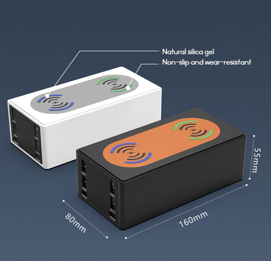 Imagine 150W, 8 In 1 Incarcator USB PD Cu 6 Porturi Si Incarcator Dublu Wireless De 15 W ,Afisaj LED Statie De Incarcare ,Alb