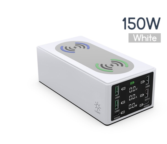 Imagine 150W, 8 In 1 Incarcator USB PD Cu 6 Porturi Si Incarcator Dublu Wireless De 15 W ,Afisaj LED Statie De Incarcare ,Alb