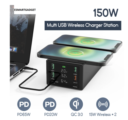 Imagine 150W, 8 in 1 incarcator USB PD cu 6 porturi si incarcator dublu wireless de 15 W ,Afisaj LED Statie de incarcare ,Negru