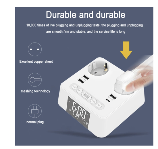 Imagine 2500W 6in1, 2 Cablu Prelungitor De Priza, 4 Prize USB Cu Tip C, Ceas, Alarma, Functie De Afisare A Temperaturii