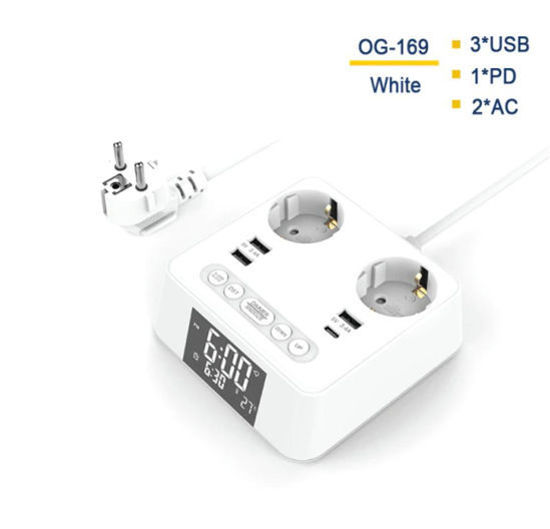 Imagine 2500W 6in1, 2 Cablu Prelungitor De Priza, 4 Prize USB Cu Tip C, Ceas, Alarma, Functie De Afisare A Temperaturii
