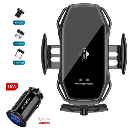 Imagine Set Incarcator Auto Wireless 15W, Fast Charge, Universal, Smart Sensor, Universal, Samsung, IPhones, Huawei