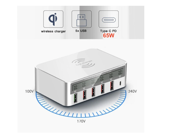 Imagine Incarcator wireless fast QI incarcator extern multi-port incarcare rapida, Usb-C pd65W, total putere 110w