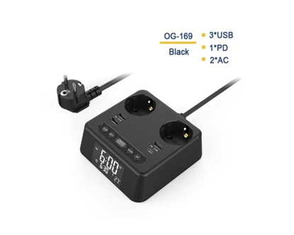 Imagine 2500W 6in1, 2 Cablu Prelungitor De Priza, 4 Prize USB Cu Tip C, Ceas, Alarma, Functie De Afisare A Temperaturii -Negru