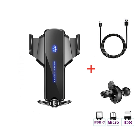 Imagine Suport auto cu incarcator wireless QuandeQ12, Senzor Inteligent, Fast Charger, 15 W, fixare in grila de ventilatie, universal Android si iOS - Negru