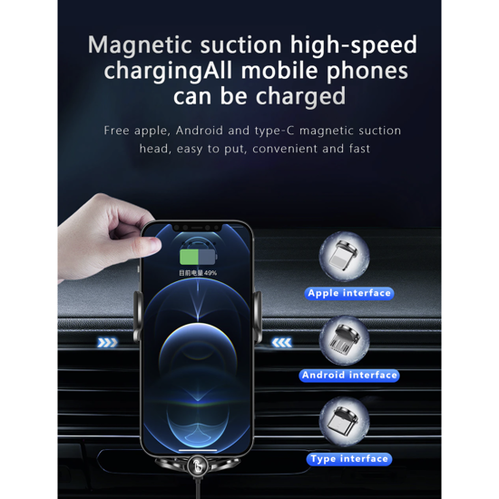 Imagine Suport auto cu incarcator wireless QuandeQ12, Senzor Inteligent, Fast Charger, 15 W, fixare in grila de ventilatie, universal Android si iOS - Negru