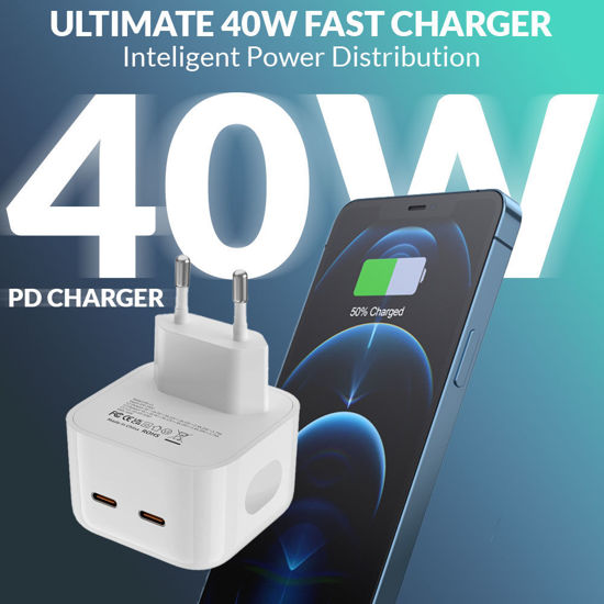 Imagine Set incarcator 40W Dual USB-C, PD 3.0 pentru iPhone 14, 13, 12 ProMax, iPad, 1 cablu date c-c, 1 cablu date lighting usb-C, 2m