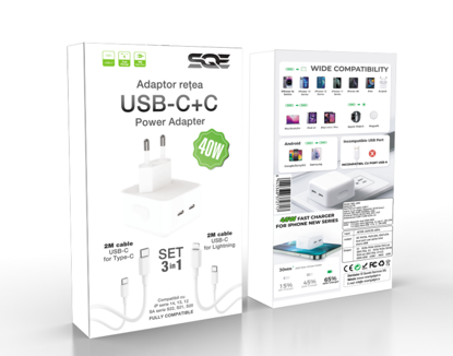 Imagine Set incarcator 40W Dual USB-C, PD 3.0 pentru iPhone 14, 13, 12 ProMax, iPad, 1 cablu date c-c, 1 cablu date lighting usb-C, 2m