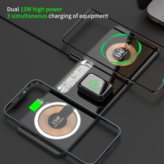 Imagine Set Incarcator Wireless Magnetic 3 In 1 QUANDE® Qi Fast Charger 15W, Compatibil iPhone /Android, Apple Watch, Airpods