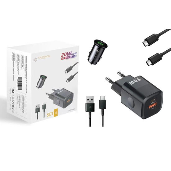 Imagine Set 4 buc, 1 incarcator 20W PD Type-C, USB QC, 1 Adaptor auto PD Type-C, USB QC, pentru pentru Galaxy s21, s20, Note10, s10, 1 cablu date usb-C-usb-A, 1 cablu date C-C, 1M