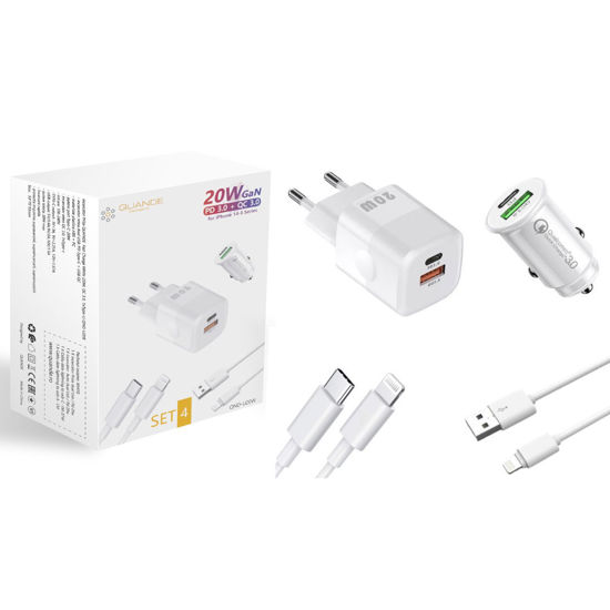 Imagine Set 4 buc, 1 incarcator 20W PD Type-C, USB QC, 1 Adaptor auto 20W PD Type-C, USB QC, pentru iPhone 14, 13, 12,11, XsMax, 1 lighting usb-A, 1 cablu date lighting usb-C, 1M