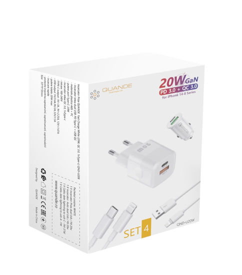 Imagine Set 4 buc, 1 incarcator 20W PD Type-C, USB QC, 1 Adaptor auto 20W PD Type-C, USB QC, pentru iPhone 14, 13, 12,11, XsMax, 1 lighting usb-A, 1 cablu date lighting usb-C, 1M