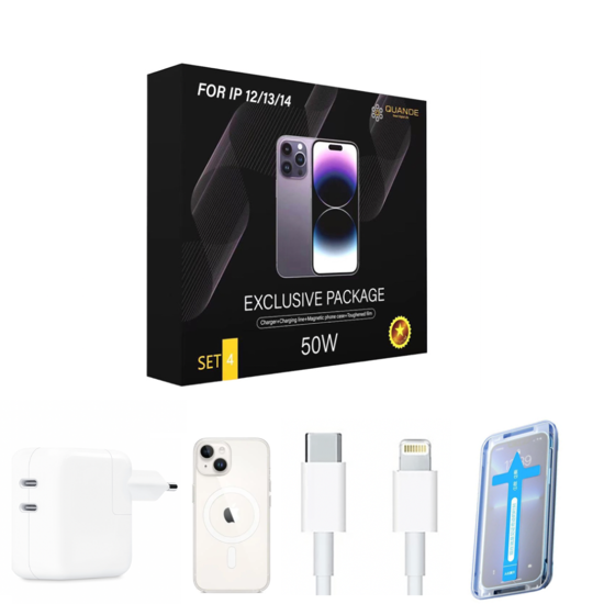 Imagine Set 4 Bucati, Incarcator 50W Dual PD Usb-C Pentru Iphone 14 Pro Max, Husa Magsafe Transparenta, Cablu Incarcare Lightning - USB-C, 2m, Folie De Protectie Din Sticla Premium Cu Instalare Kit