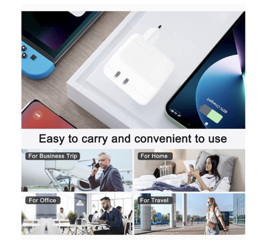 Imagine Set 4 Bucati, Incarcator 50W Dual PD Usb-C Pentru Iphone 14 Pro Max, Husa Magsafe Transparenta, Cablu Incarcare Lightning - USB-C, 2m, Folie De Protectie Din Sticla Premium Cu Instalare Kit