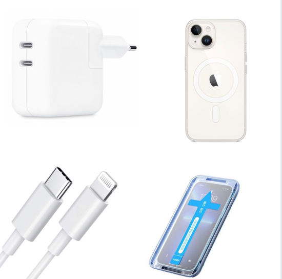 Imagine Set 4 Bucati, Incarcator 50W Dual PD Usb-C Pentru Iphone 12 Pro Max , Husa Magsafe Transparenta, Cablu Incarcare Lightning - USB-C, 2m, Folie De Protectie Din Sticla Premium Cu Instalare Kit