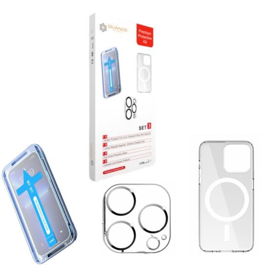 Imagine Set 3 bucati premium protectie kit, Folii sticla compatibil cu iPhone 14 Pro cu Easy Install Kit husa transparenta MagSafe, folie sticla protectie camere spate