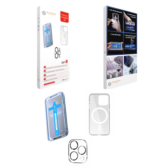 Imagine Set 3 bucati premium protectie kit, Folii sticla compatibil cu iPhone 14 Pro MAX  cu Easy Install Kit husa transparenta MagSafe, folie sticla protectie camere spate