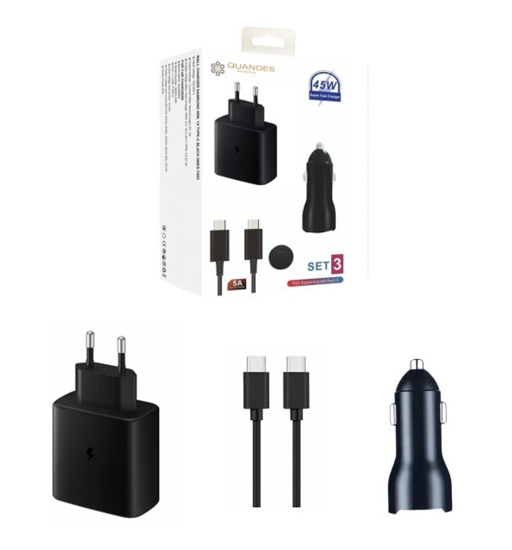 Imagine Set 3 Accesorii Pentru Samsung S21, S22, S23 Ultra, Incarcator PD USB-C 45W, Cablu Incarcare USB-C-C 5A, Incarcator Auto PD USB-C 45W