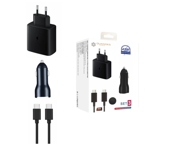 Imagine Set 3 Accesorii Pentru Samsung S21, S22, S23 Ultra, Incarcator PD USB-C 45W, Cablu Incarcare USB-C-C 5A, Incarcator Auto PD USB-C 45W