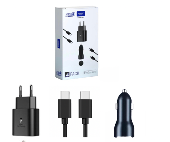 Imagine Set 4 accesorii pentru samsung s21, s20 Ultra, Incarcator PD USB-C 25W, 2 Cablu incarcare USB-C-C 3A, Incarcator Auto PD USB-C 45W, QUANDES®