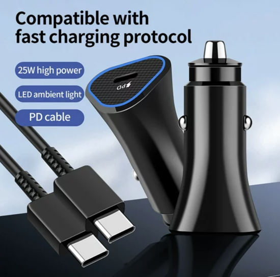 Imagine Set Incarcator auto QUANDES®, pentru Samsung super-incarcare rapida 25w cablu de date usb-c to c 3A, 1m