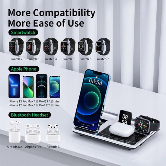 Imagine Statie De Incarcare Wireless 30W 4 In 1, QUANDES®, Compatibil Cu Majoritatea Dispozitivelor Qi, Incarcare Simultana, Mentine Biroul Curat Si Ordonat, Protectie La Supraincarcare, Argintiu