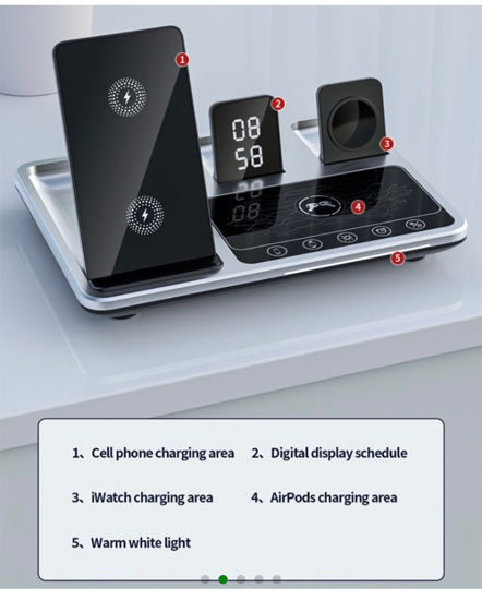 Imagine Statie De Incarcare Wireless 30W 4 In 1, QUANDES®, Compatibil Cu Majoritatea Dispozitivelor Qi, Incarcare Simultana, Mentine Biroul Curat Si Ordonat, Protectie La Supraincarcare, Argintiu