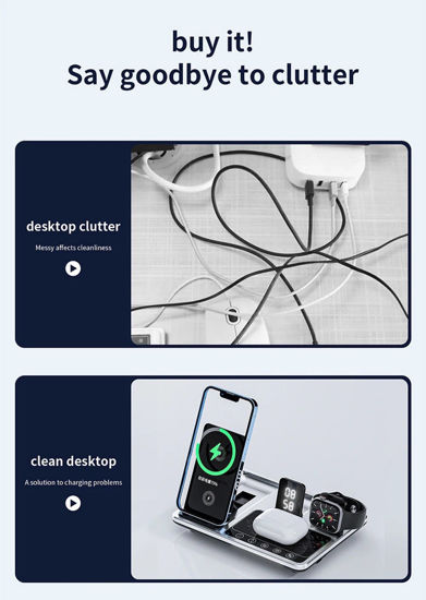 Imagine Statie De Incarcare Wireless 30W 4 In 1, QUANDES®, Compatibil Cu Majoritatea Dispozitivelor Qi, Incarcare Simultana, Mentine Biroul Curat Si Ordonat, Protectie La Supraincarcare, Argintiu