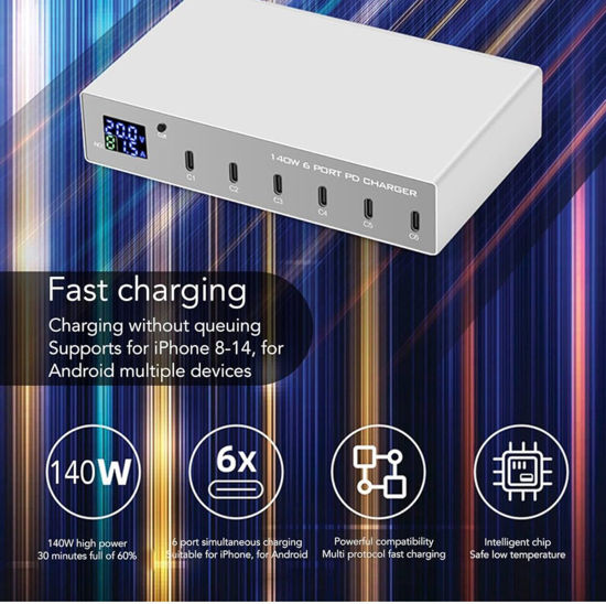 Imagine Statie de incarcare fast charge 140W, PD 6 in 1 3.0 USB C, 30W, universal pentru iPhone 15,14,13, samsung s23,s22,s21,s20,huavei, laptop macbook