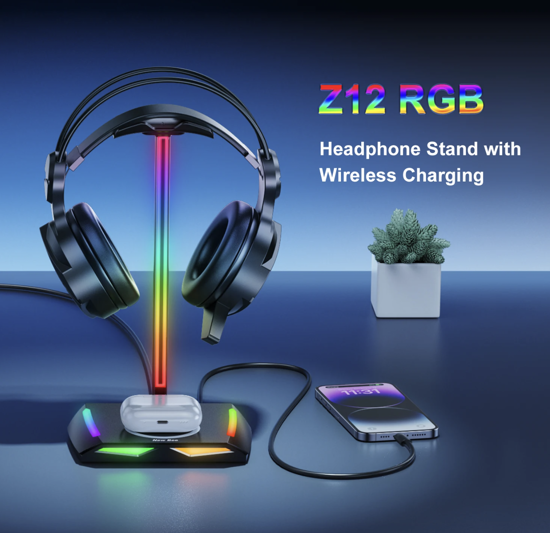 Imagine Suport Casti Multifunctional QUANDES® Z12, Cu Incarcare Wireless, 2 Porturi USB, Lumini, Gaming, Negru