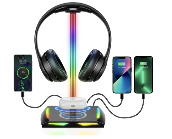 Imagine Suport Casti Multifunctional QUANDES® Z12, Cu Incarcare Wireless, 2 Porturi USB, Lumini, Gaming, Negru