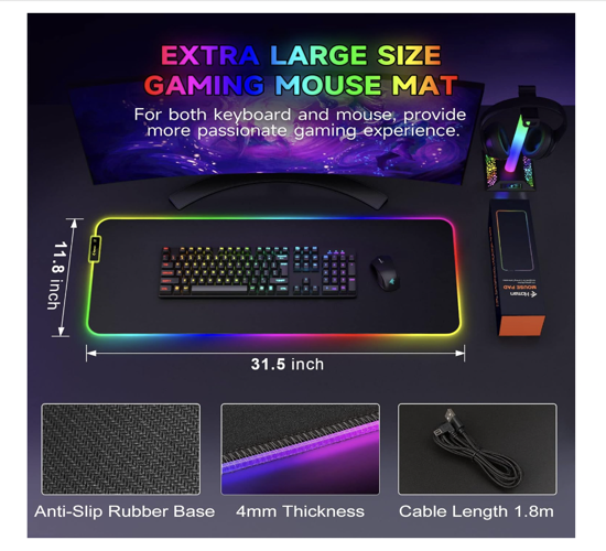 Imagine Mouse Pad Gaming QUANDES®, RGB, 15 Moduri LED, Baza Din Cauciuc Antiderapant, 800 X 300 X 4mm, Negru