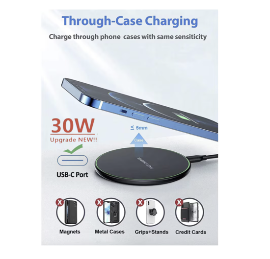Imagine Incarcator Wireless super Fast Charging 30W, Pad QI, QUANDES®, compatibil cu iPhone 14, 13, 12, 11 Samsung s23, s22, s21, s20