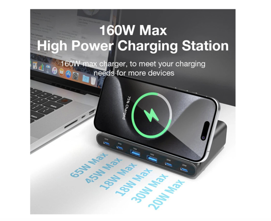 Imagine Statie de incarcare USB de 160 W, incarcator wireless 7 in 1, 65 W, 45 W, PPS PD tip C, incarcare rapida universala, pentru Macbook, iPad, iPhone, Samsung, Huawei