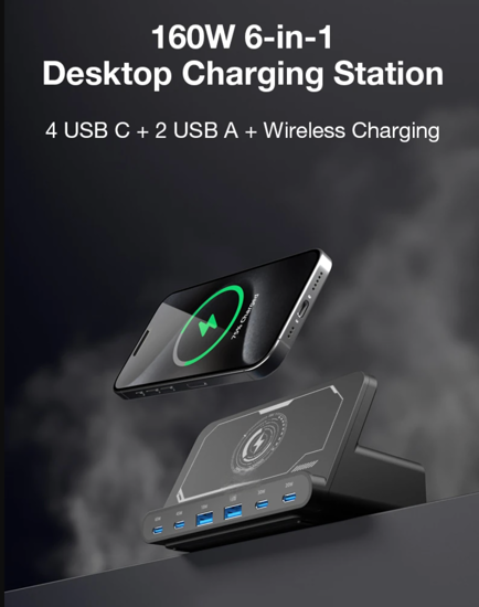 Imagine Statie de incarcare USB de 160 W, incarcator wireless 7 in 1, 65 W, 45 W, PPS PD tip C, incarcare rapida universala, pentru Macbook, iPad, iPhone, Samsung, Huawei