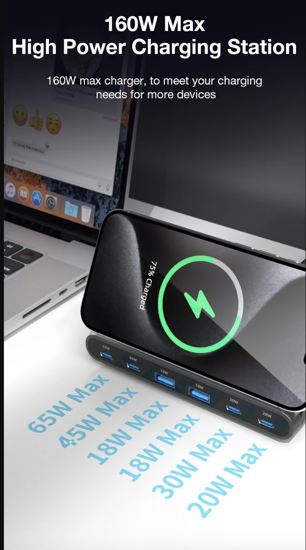 Imagine Statie de incarcare USB de 160 W, incarcator wireless 7 in 1, 65 W, 45 W, PPS PD tip C, incarcare rapida universala, pentru Macbook, iPad, iPhone, Samsung, Huawei