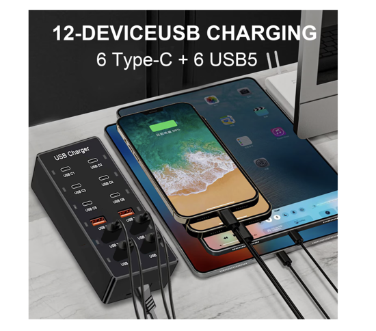 Imagine Kit Statie de Incarcare USB 60W 12 in 1, 6 USB-C si 6 USB-A, Incarcare Ultrarapida, 5V 2.4A, 1 cablu date C-C- 5A 1-8m, 1 USB-C-A, Universal, pentru Telefon mobil, Tableta, Baterie externa