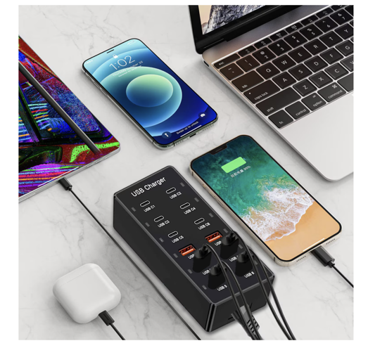 Imagine Kit Statie de Incarcare USB 60W 12 in 1, 6 USB-C si 6 USB-A, Incarcare Ultrarapida, 5V 2.4A, 1 cablu date C-C- 5A 1-8m, 1 USB-C-A, Universal, pentru Telefon mobil, Tableta, Baterie externa