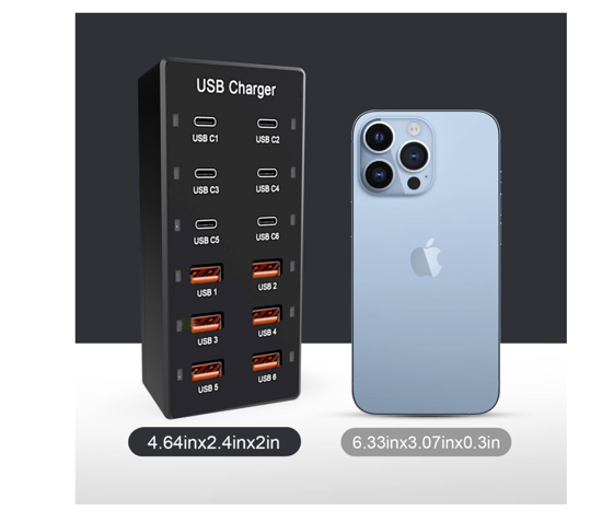 Imagine Kit Statie de Incarcare USB 60W 12 in 1, 6 USB-C si 6 USB-A, Incarcare Ultrarapida, 5V 2.4A, 1 cablu date C-C- 5A 1-8m, 1 USB-C-A, Universal, pentru Telefon mobil, Tableta, Baterie externa