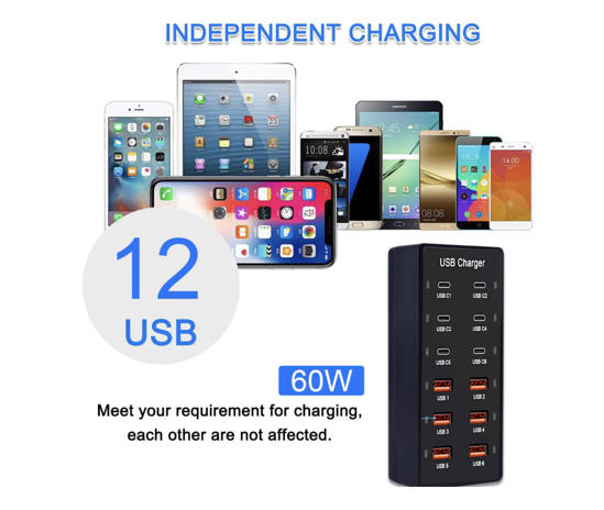 Imagine Kit Statie de Incarcare USB 60W 12 in 1, 6 USB-C si 6 USB-A, Incarcare Ultrarapida, 5V 2.4A, 1 cablu date C-C- 5A 1-8m, 1 USB-C-A, Universal, pentru Telefon mobil, Tableta, Baterie externa