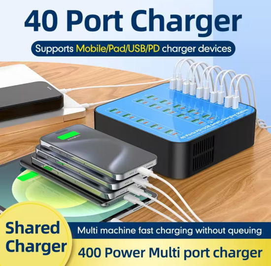 Imagine Statie de incarcare 400W Smart cu 40-Port USB PD Charger 20USB-A+20USB-C PD QC3.0 Fast Charging, pentru iPhone 17/16/ 15 /14 /13 Pro Max, Samsung Galaxy Z Flip7/6 for S25/24/23/22 si ventilator