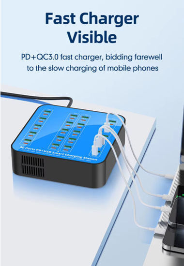 Imagine Statie de incarcare 400W Smart cu 40-Port USB PD Charger 20USB-A+20USB-C PD QC3.0 Fast Charging, pentru iPhone 17/16/ 15 /14 /13 Pro Max, Samsung Galaxy Z Flip7/6 for S25/24/23/22 si ventilator