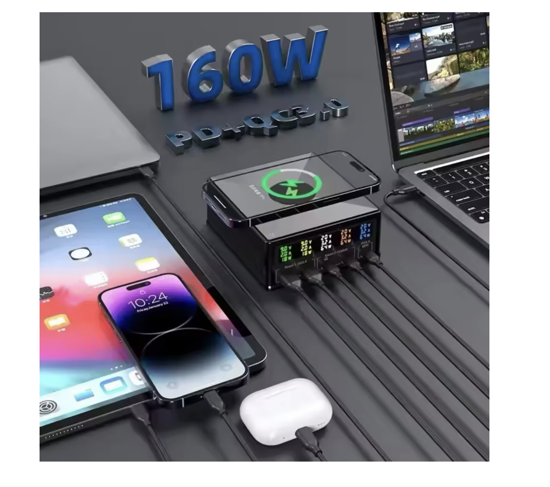 Imagine Set Statie de incarcare 160w, incarcator extern multi-port incarcare rapida, Usb-C pd65W, QC 3.0, Incarcare wireless fast QI 15w, 2 cablu date C-C 5A/ USB -C/A