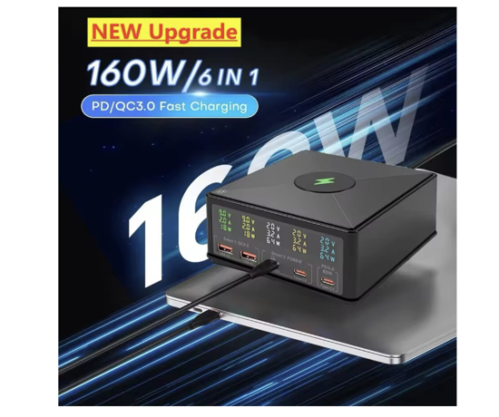 Imagine Set Statie de incarcare 160w, incarcator extern multi-port incarcare rapida, Usb-C pd65W, QC 3.0, Incarcare wireless fast QI 15w, 2 cablu date C-C 5A/ USB -C/A